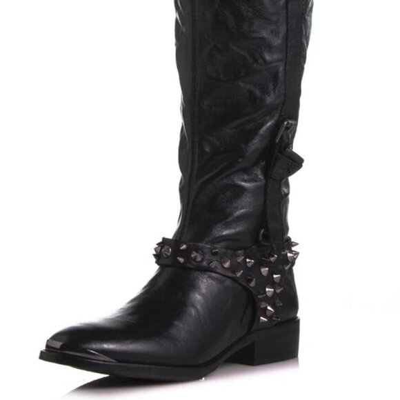 Sam Edelman Park Boot Black Saddle High-shine spiked studs harness knee-high NEW - Picture 2 of 15